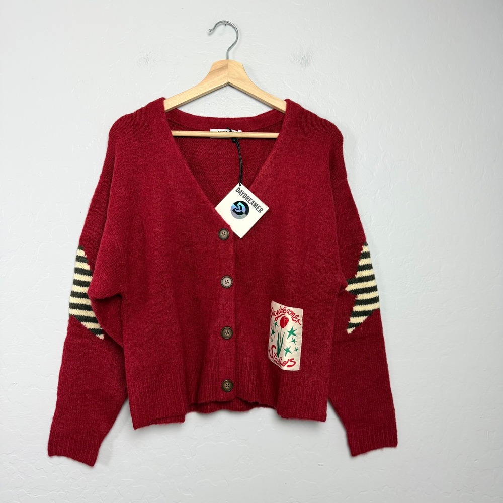 Daydreamer Studios Red Star Elbow Patch Button Cardigan Sweater Small NWT